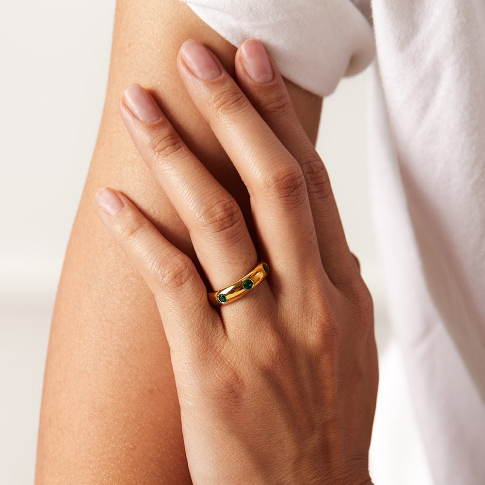 Wholesale 18K Gold Stainless Steel Retro Micro Set Green/pink/white Zircon Ring